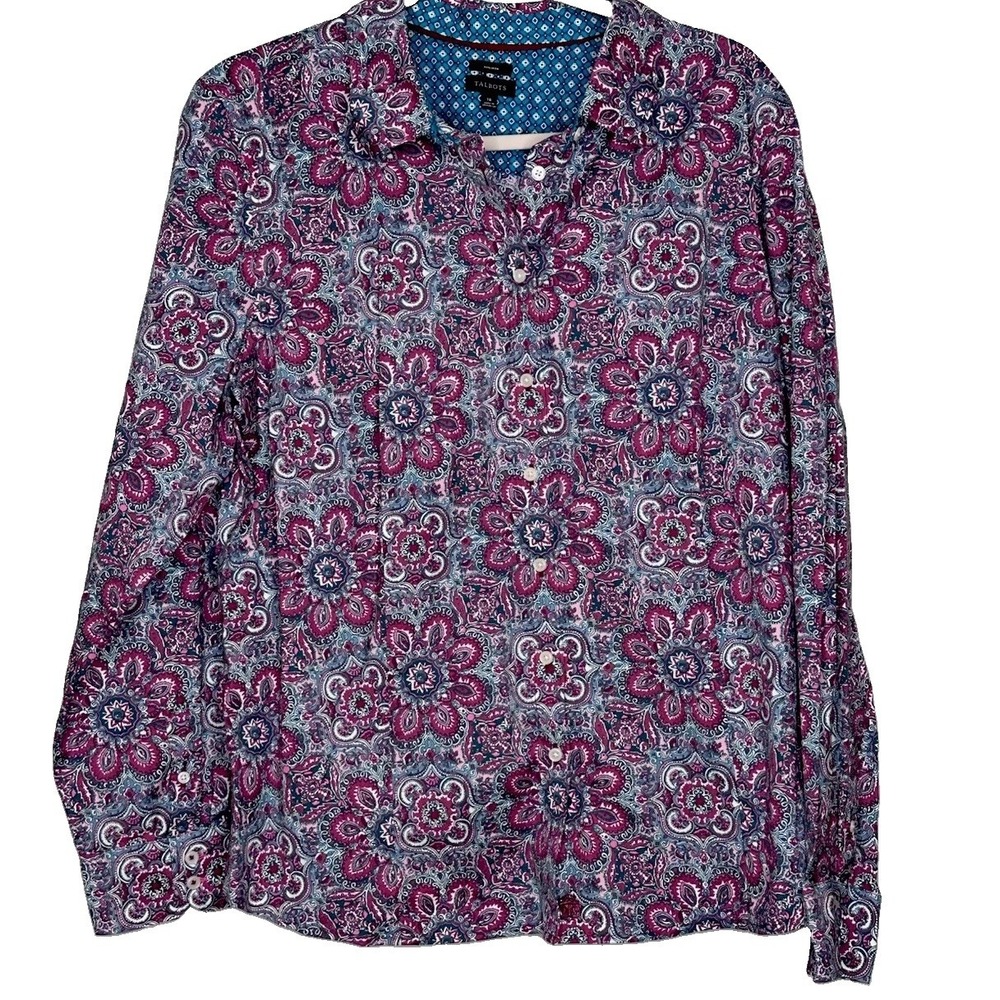 Talbots Button Down Shirt Women's Plus Size 18 Paisley Cranberry Green Non Iron